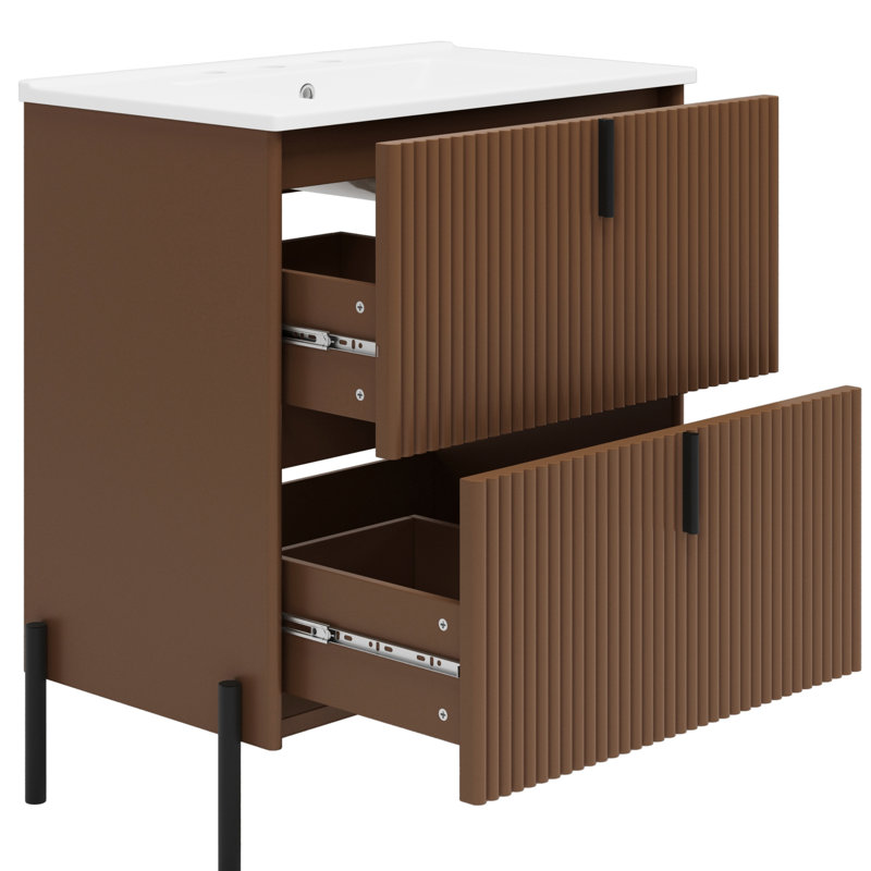 Meuble-lavabo en céramique brun foncé de 30 po, tiroirs à extension, fonction de fermeture en douceur, aspect cannelé fabriqué à la main pour les espaces de bain décontractés avec lavabo, glissières de tiroir, abat-jour brun, double organisation