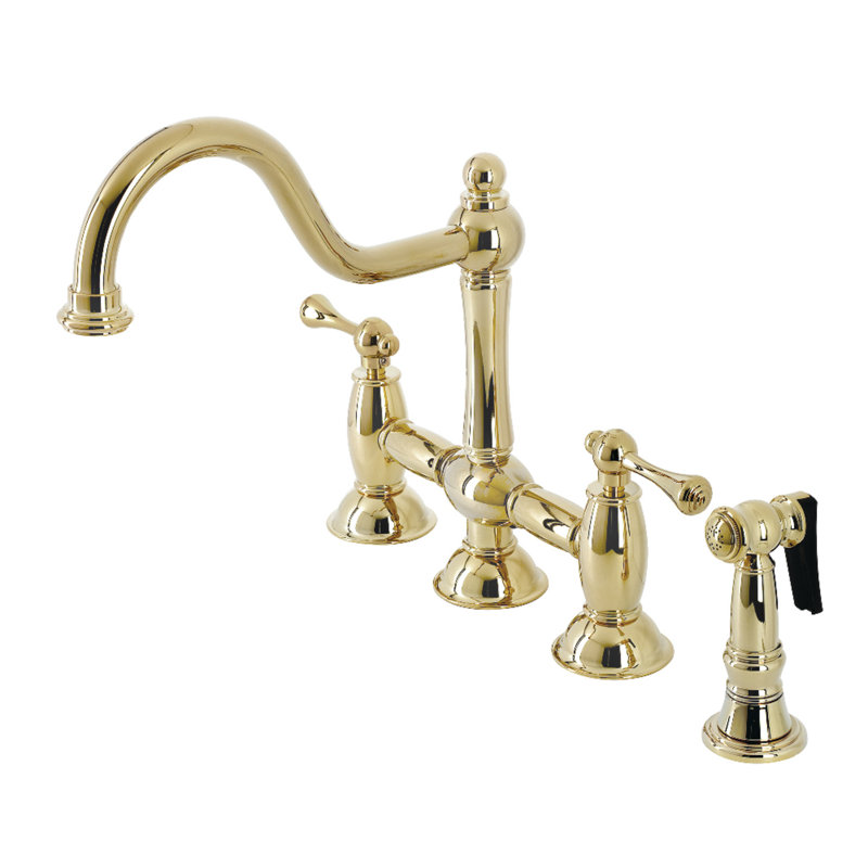 Kingston Brass Restoration Two-Handle 4-Hole Deck Mount Bridge Kitchen Faucet with Brass Side Sprayer, Polished Brass
