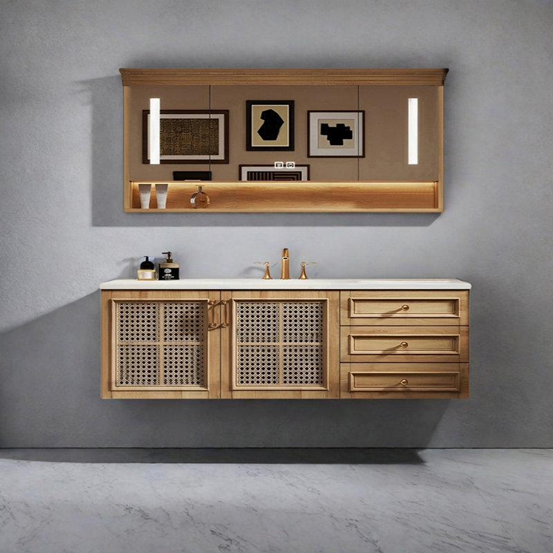 Retro-style rattan bathroom cabinet, 21.65" H x 62.99" W x 21.65" D