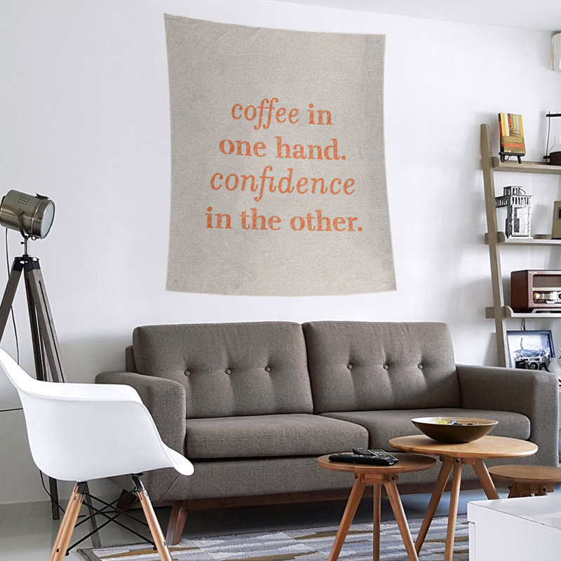 Tapisserie de polyester à citation de café et de confiance en polyester, H 60 po x l 51 po, Blanc / orange