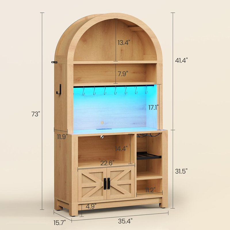 73" Tall Arched Bakers Rack, Coffee Station With Power Outlet, Natural