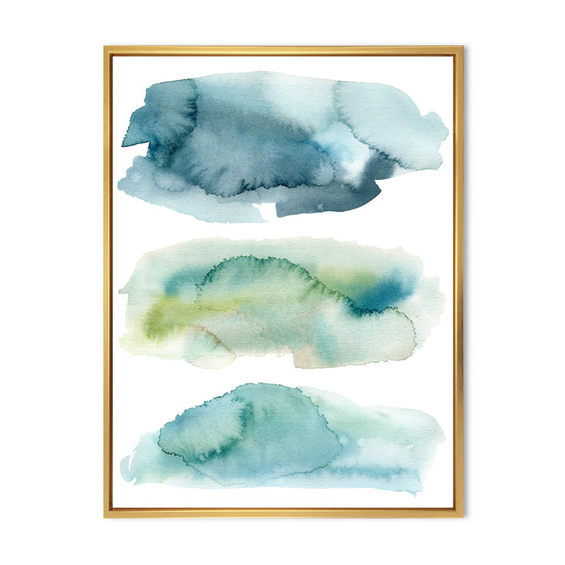 «Blue and Green Clouds I», peinture sur toile à cadre flottant, H 32 po x l 16 po x P 1 po, Toile encadrée d'or