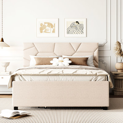 Lit plateforme tapissier avec tête de lit double Enjoy et lit gigogne beige