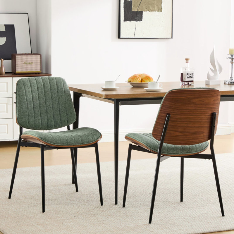 Ensemble de 2 chaises de salle à manger rétro du milieu du siècle en lin olive avec dossier rembourré, pieds fuselés en métal et revêtement PU anti-rayures, grain de noyer naturel, pieds stables.