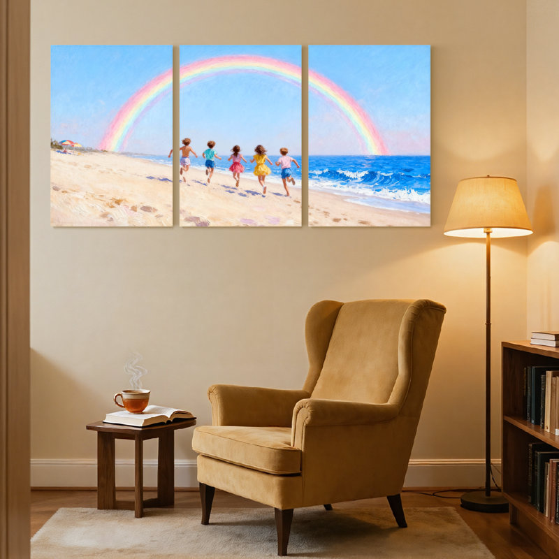 «Beach Children Courir sur la plage avec arc-en-ciel», ensemble de 3 reproductions d'art sur toile, H 18 po x l 36 po