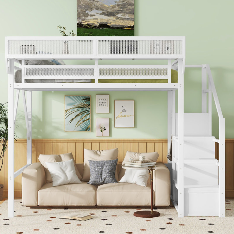 Lit mezzanine double en métal avec escalier, garde-robe et tablettes de rangement, lit haut peu encombrant pour enfants et adolescents