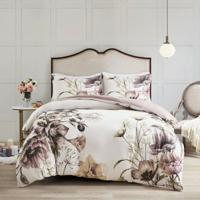 Housse de couette en coton avec grand imprimé floral, double / grand, agencement de couleurs douces, 1 et 2 taies décoratives, fermeture à boutons, attaches de coin, thème double / grand, attaches à garder fixées,