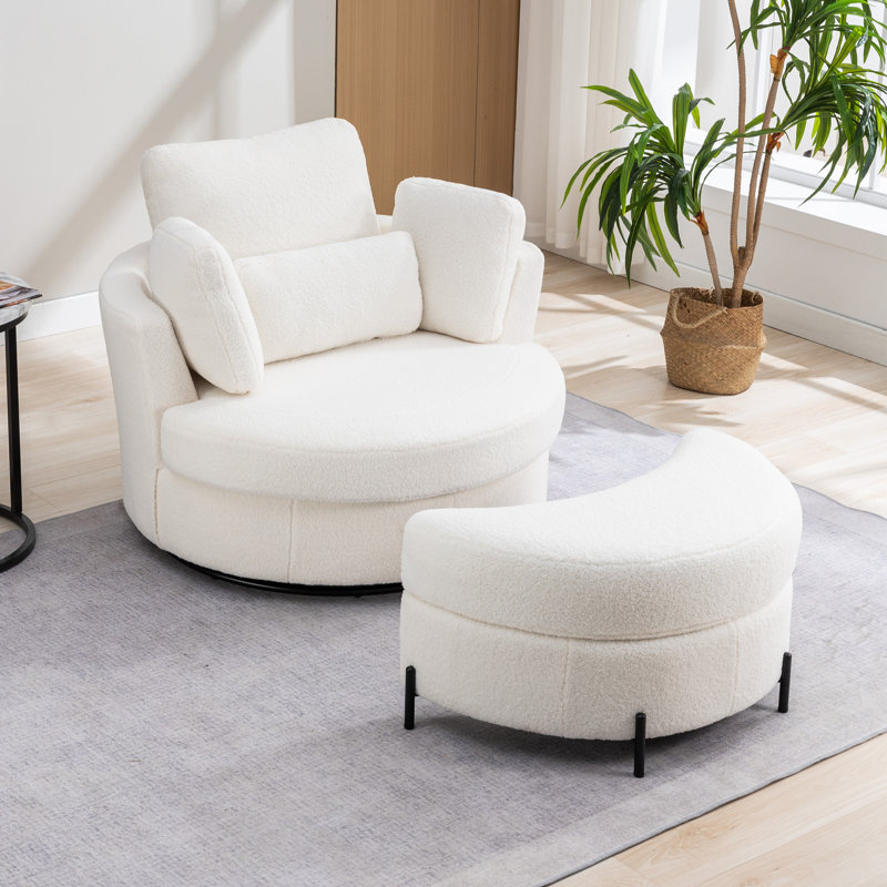 Kavonta Upholstered Slipcovered Swivel Barrel Chair with Ottoman, Ivory Boucle Fabric