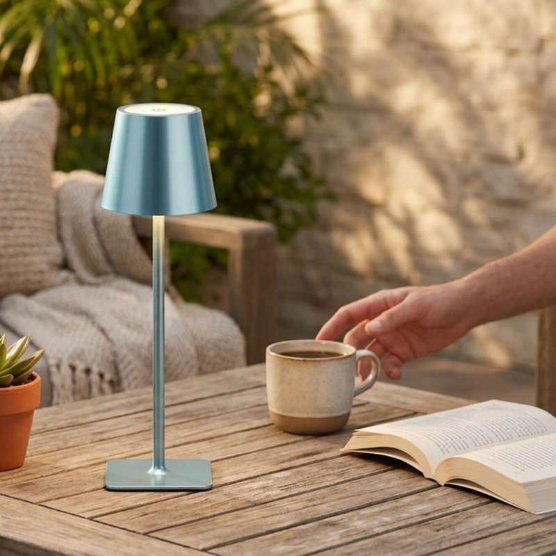 LED Rechargeable Lamp with A-line Shade, 15 Inch, Blue, 14.76" H x 4.29" W x 4.29" D