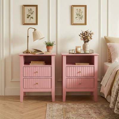 Ensemble de 2 tables de chevet cannelées roses, table de chevet colorée avec 2 tiroirs, table de bout moderne en bois avec rangement pour petits espaces, table d'appoint pour chambre à coucher, canapé, bureau à domicile