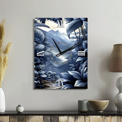 Retreat de jungle Blue Calm I - Grande horloge murale tropicale en métal, imprimée sur métal