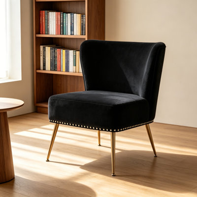 Fauteuil de chambre imprimé bleu avec pieds en métal et garniture cloutée, fauteuil d'appoint sans accoudoirs pour petits espaces, fauteuil d'appoint rembourré moderne pour le salon de la chambre à coucher