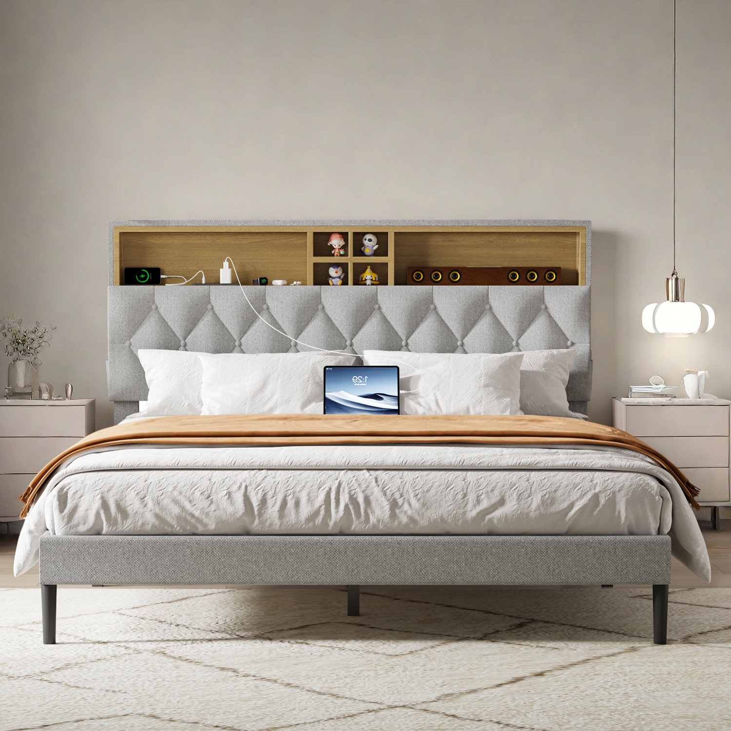 Ebern Designs Bed Frame With 2-Tier Storage Adjustable Headboard ...