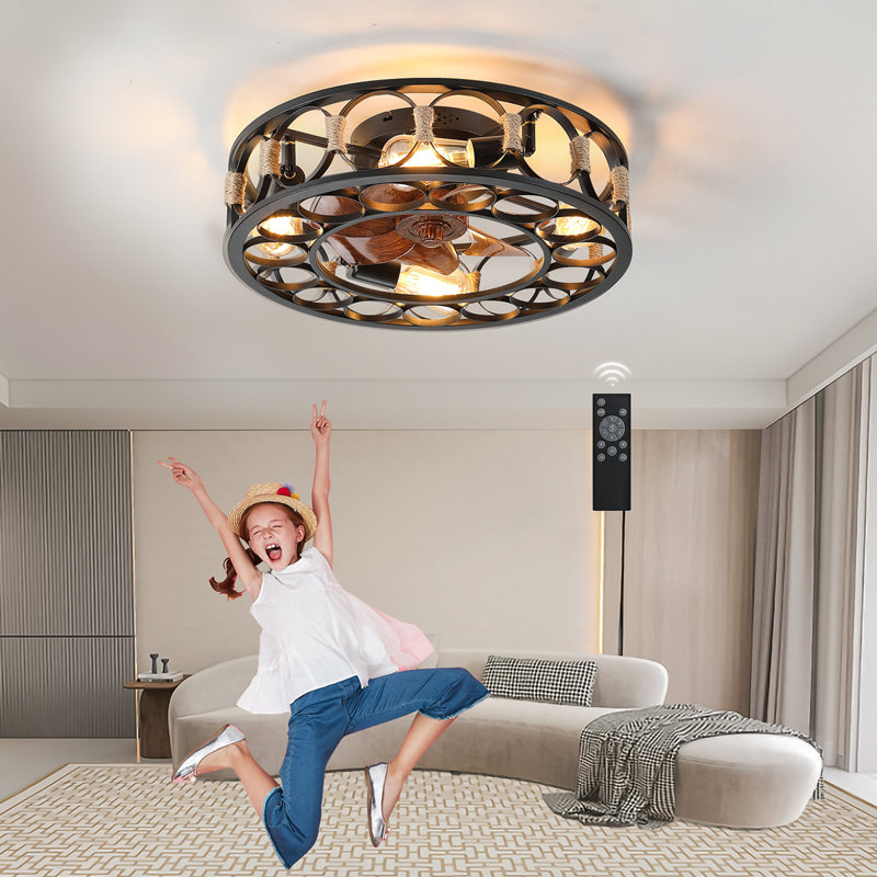 Ventilateur de plafond en cage avec lumières, télécommande, ventilateurs de plafond encastrés modernes à profil bas, pales réversibles à 6 vitesses, 5 ampoules DEL incluses