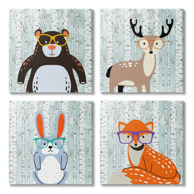 " Woodland Animals In Glasses " by Kim Allen 4 - Pieces