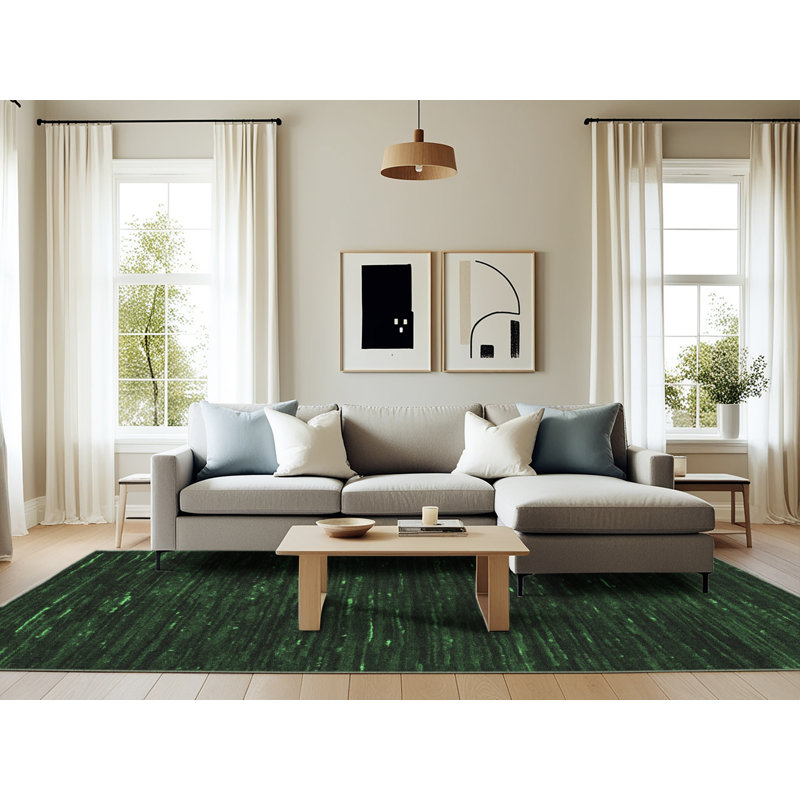 Tapis vert / noir en laine et polyester à motif abstrait tissé à la machine 6 pi x 9 pi