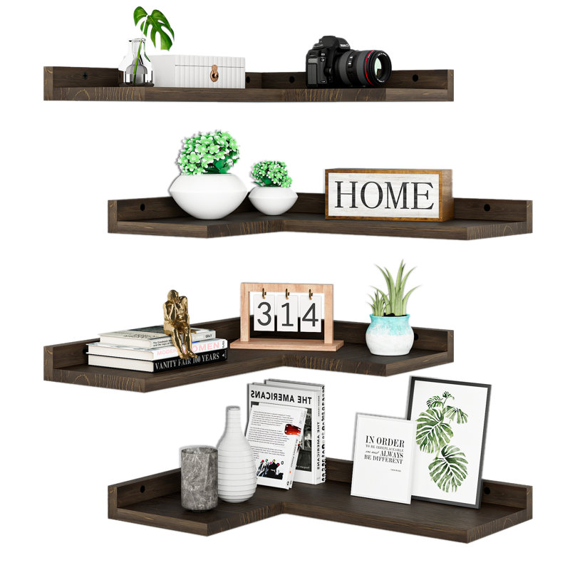 Floating Corner Shelves 4Sets, Rustic Pine Wooden L-Shaped for Wall Decor Storage