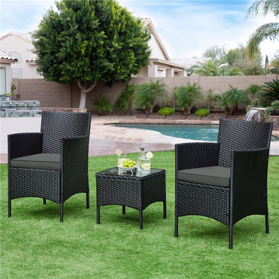3-Piece Rattan Furniture Set with Tempered-glass Top Table and 2 Cushioned Chairs by Red Barrel Studio