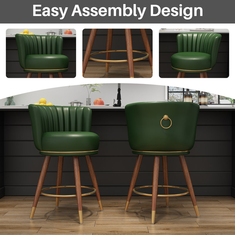 Green Leather Swivel Low Back Bar Stools with Wood Legs, Set of 4