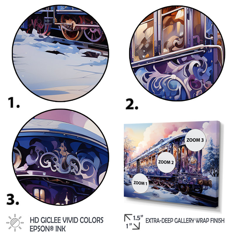 Voyage de Noël en train II - train, art mural, Cadre flottant noir, H 16 po x l 32 po x P 1 po