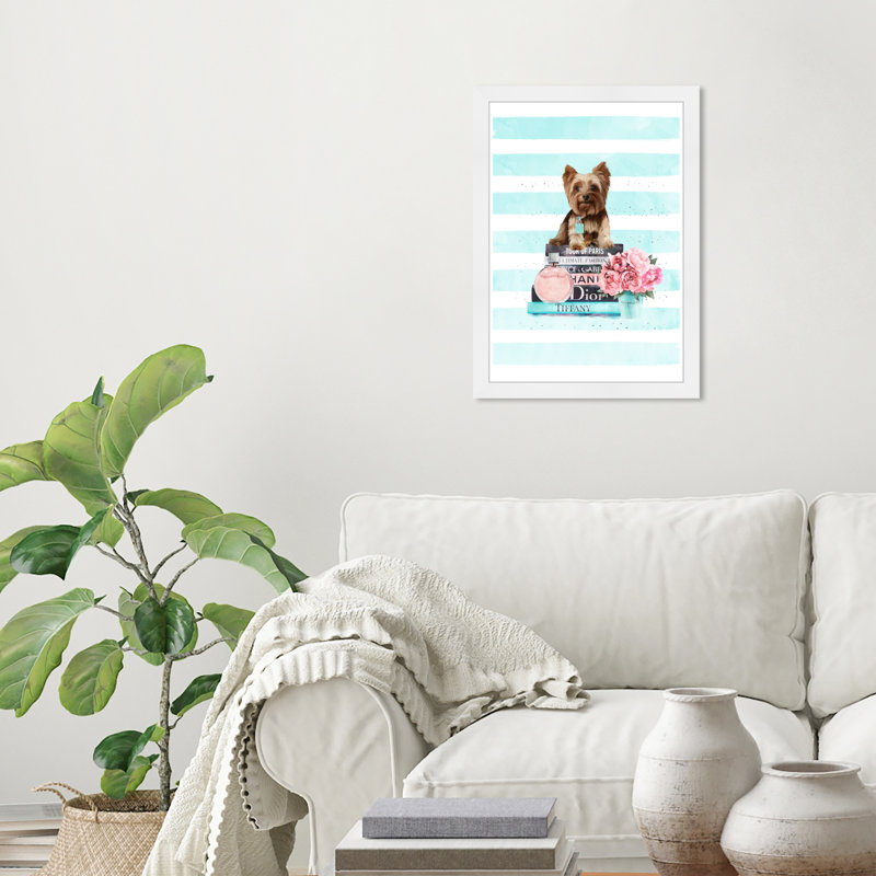 «Yorkie Mint Blue», impression encadrée, Cadre blanc