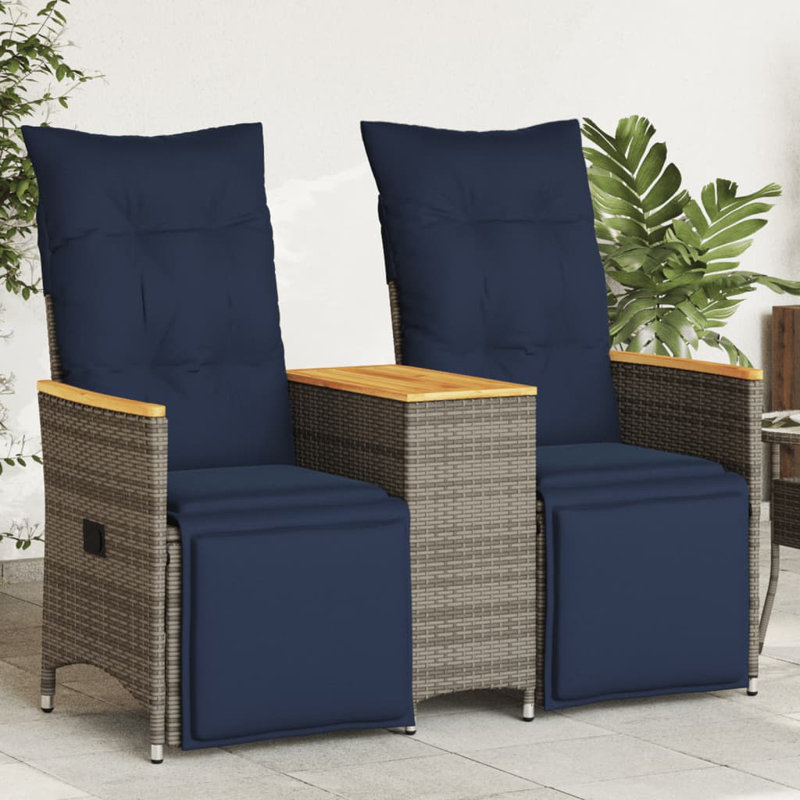 Vidaxl Reclining Patio Sofa 2-Seater With Table Gray Poly Rattan, Gray/Natural, Dark Gray