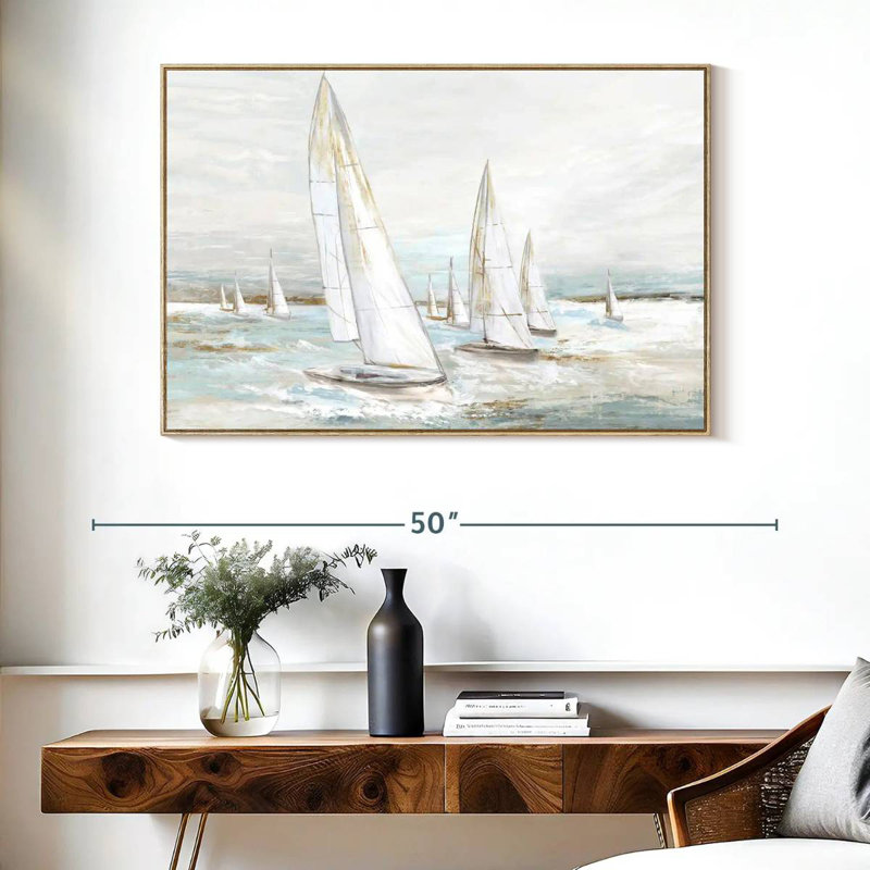 Voiles balayées par le vent I, Cadre flottant en bois naturel, 40 po x 27 po