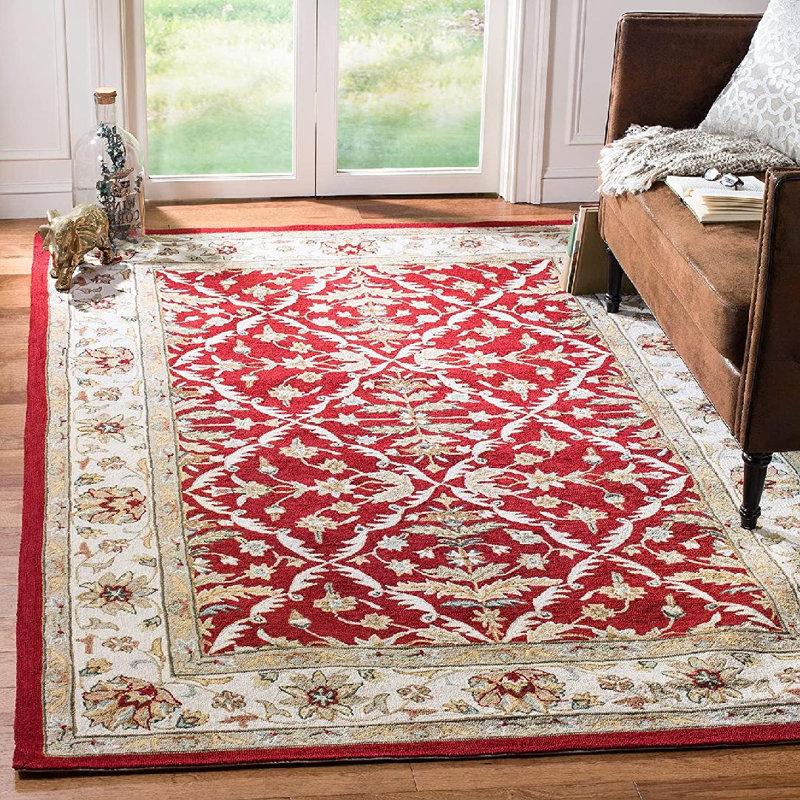 Tapis intérieur / extérieur en polypropylène crocheté à la main Keyashia - rouge / ivoire, Rectangle 3 pi 6 po x 5 pi 10 po