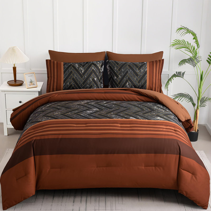 7-Piece Stripe Geometric Comforter Set, Soft Microfiber All-Season Complete Bedding Set, Burnt Orange