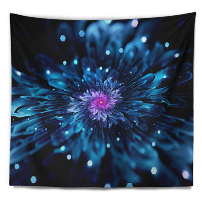 Tapisserie fleur bleue fractale avec particules brillantes