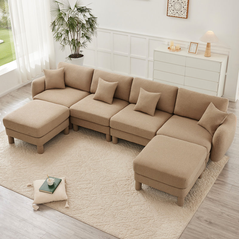 Tissu à 4 places Boucle avec des pieds cylindriques distinctifs et une structure pour un siège de bureau modulaire en forme de U de couleur café avec coussins de dossier moelleux