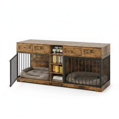 82" Double Dog Crate Furniture for 2 Medium/Large Dogs Heavy Duty Wooden Kennel with 4 Drawers 4 Shelves Pet Bed Sofa TV Stand Classic Natural Wood Color