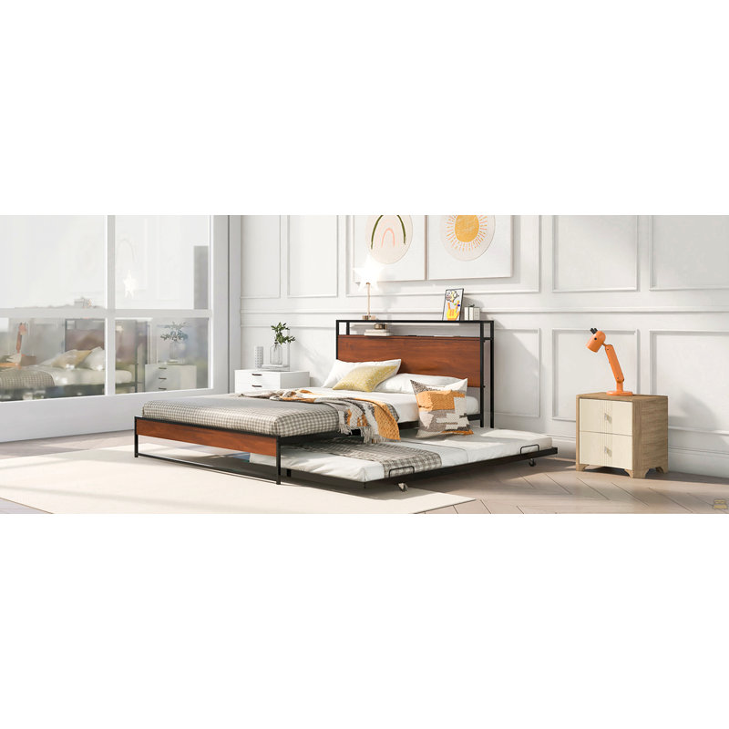 Structure de lit plateforme grand en métal avec lit gigogne, ports USB et support à lattes, aucun sommier nécessaire, Black
