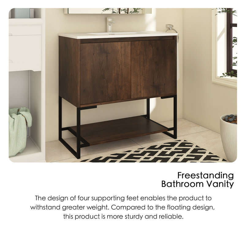 Meuble-lavabo simple 36 po avec plateau Bengi, Palissandre, Blanc