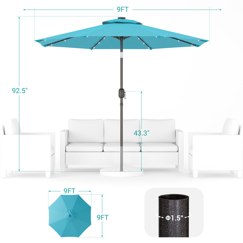Parasol de marché lumineux 9 pi Odis, H 92,5 po x l 108 po x P 108 po, Bleu lac