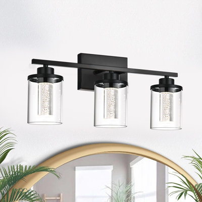 Bathroom Vanity Light Black 3 Light Bathroom Light Fixture, Clear Glass Shade, Crystal Bubble, Eye Protection Dimmable LED Vanity Light