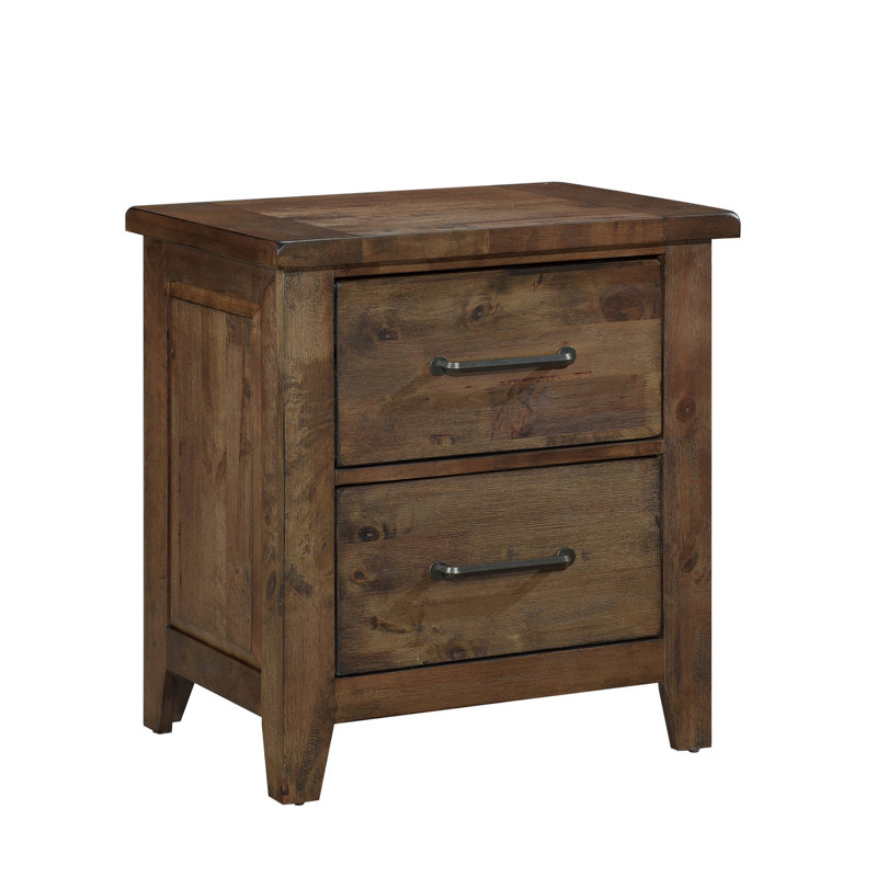 Table de chevet à 2 tiroirs avec table de chevet en bois d'hévéa massif, finition brunie, rustique classique