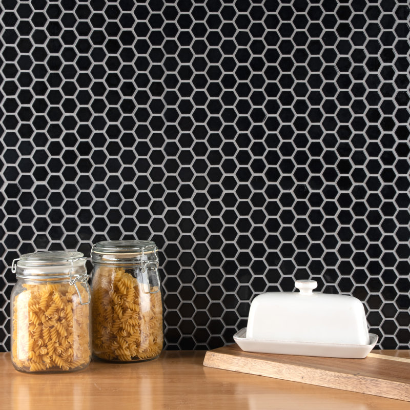 Metro 1" Hex Glossy Black 10-1/4 in. x 11-7/8 in. Porcelain Mosaic Tile