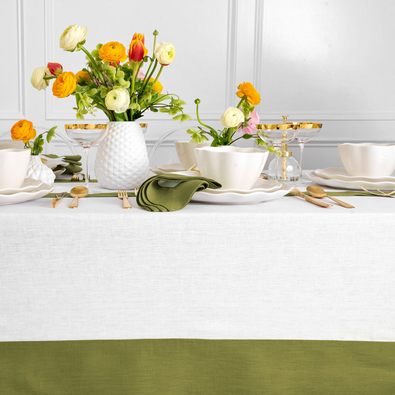 Contempo - 100% Pure Linen Tablecloth, 108" x 60", Avocado/White