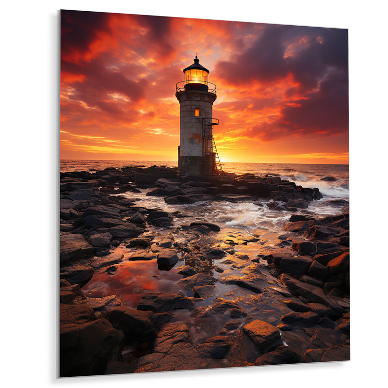 Phare sur le rocher essaim rouge océan coucher de soleil - art mural phares, Métal métal, H 20 po x l 12 po x P 1 po