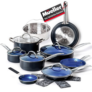 Mueller Pots and Pans Set Non-Stick, 16-Piece Healthy Stone Cookware Set  Butter Warmer, Aluminum Body, Deep Fry, Fry Pan, Sauce Pan, Pot, Stainless