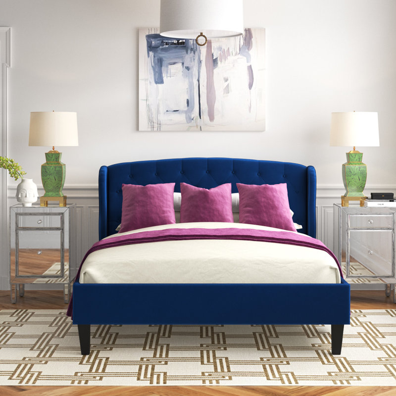 Penelope Tufted Wingback Queen Performance Velvet Platform Bed, Navy