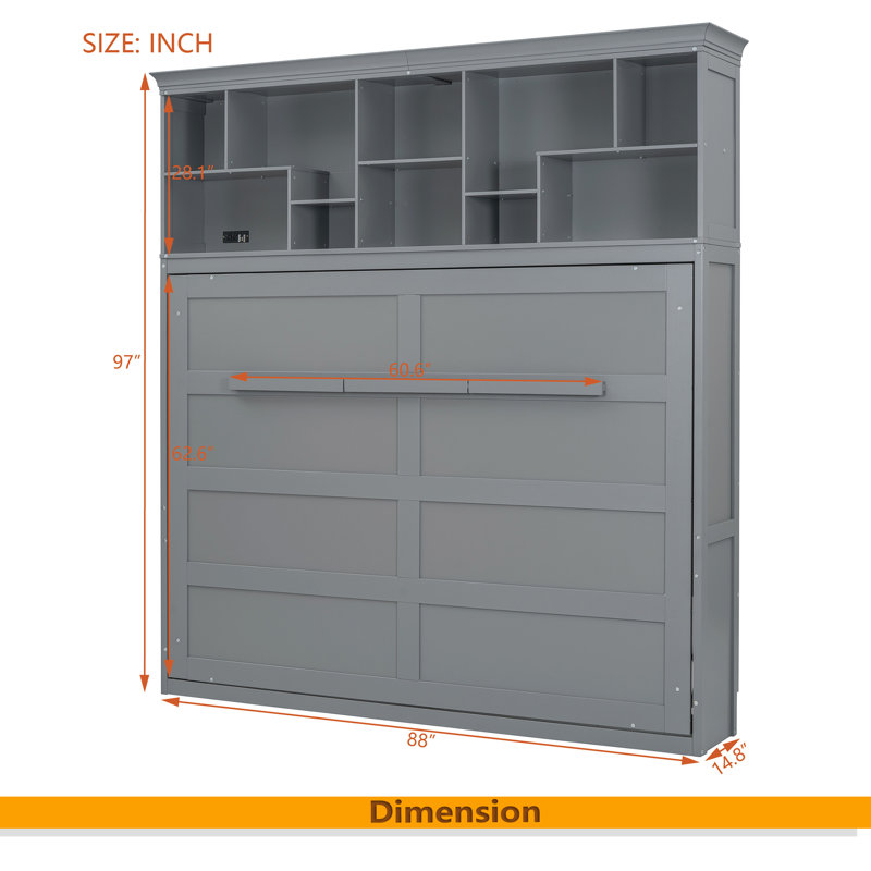 Grand lit escamotable mural avec tablettes supérieures et USB, Gris