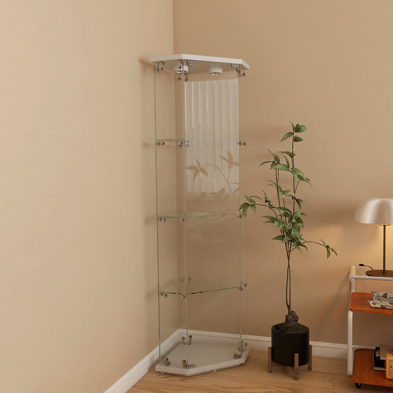 Armoire d'angle éclairée, 4 tablettes vitrées avec une porte, blanc