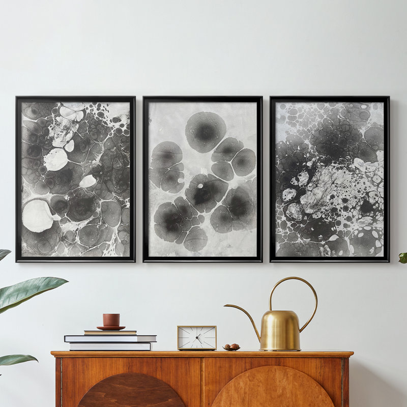 Marble IV - Toile tendue avec châssis sur mesure - 3 pièces, H 27 po x l 57 po, Noir