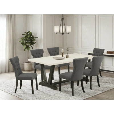 Ensemble de 7 pièces comprenant un fantastique plateau rectangulaire blanc lin et 6 chaises de cuisine parsons Gotham gris foncé avec têtes de clous et boutons capitonnés, finition noire brossée