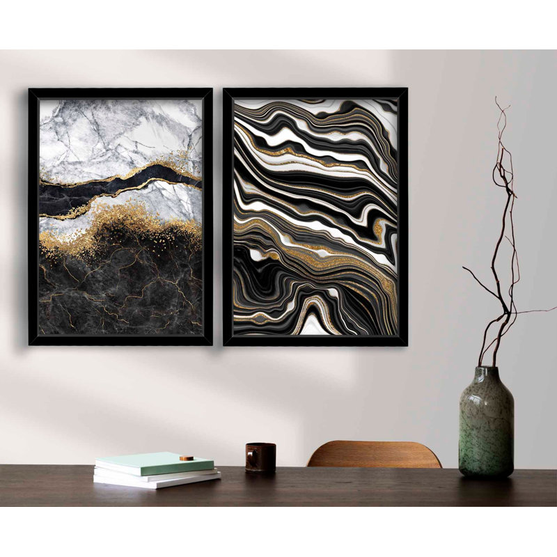 Ensemble de 2 peintures élégantes encadrées, noir et or / blanc et gris, 14,9 po x 20,9 po chacune | 100% panneau de fibres à densité moyenne avec une épaisseur de 0,1 po, cadre 100% en bois avec une épaisseur de 0,9 po | Parfait pour le salon et le bureau