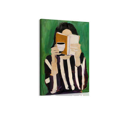Emerald Green Modern Reading Woman Canvas Wall Art Books And Coffee Wall Decor Pictures Simple Black And White Stripes Painting Abstract Female Portrait Print Office Library Decoration 12X16