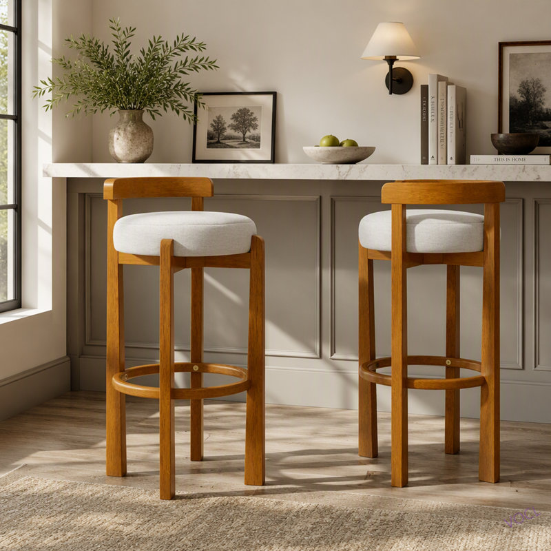 Elise Indoor Wooden Low Back Barstool, Upholstery, Set Of 2, Ivory