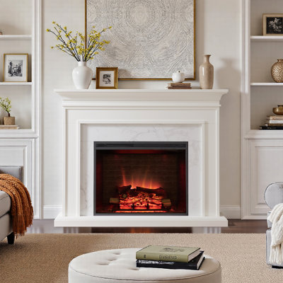 Foyer électrique encastrable 33 po avec cadre de cheminée 60 po Puraflame, blanc crème avec placage de marbre gris clair, 750 W / 1 500 W, flamme réglable, bruit de craquement du feu, télécommande
